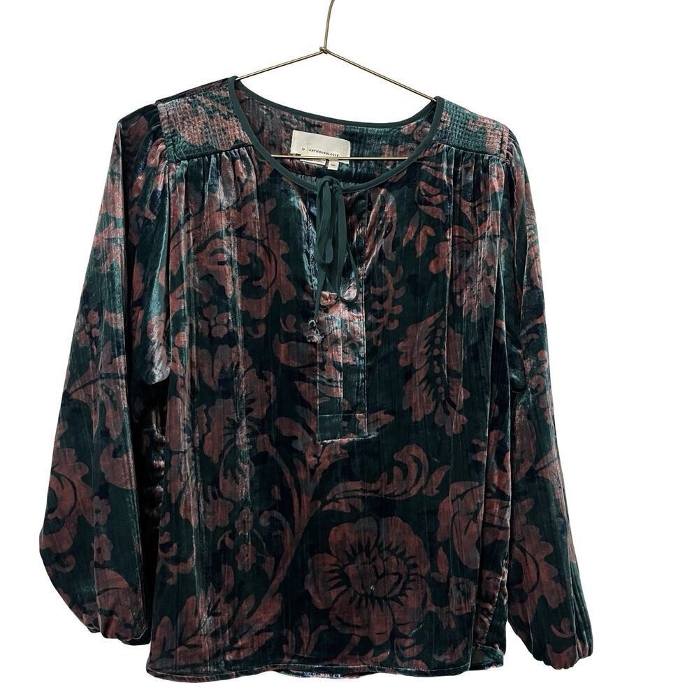 Anthropologie Faustino Velvet Peasant Blouse Size XSP Floral Dark‎ Cottagecore